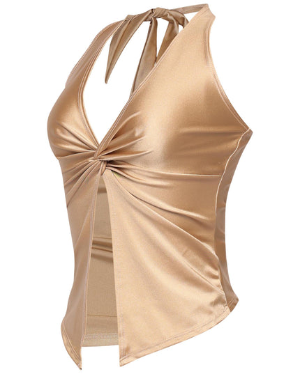  Shiny gold sleeveless top with plunge neck and soft body-hugging fit
