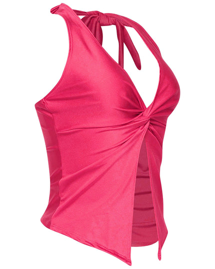  Pink shiny halter with front slit and flattering fit for summer style