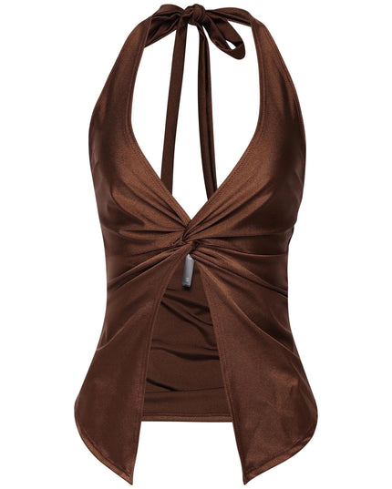 Brown halter top with shiny stretch finish and twist detail