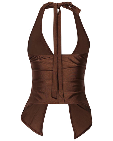 Brown sleeveless Y2K-inspired top with knot accent and split hem