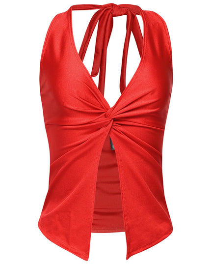 • Red halter top with deep plunge and center twist detail for party looks
