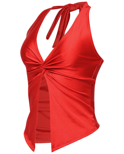 • Red sleeveless knot crop top in bold hot girl summer style

