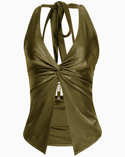 • Olive halter top with sexy open front and knot detail in satin finish
