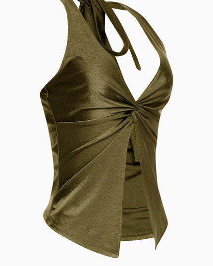 • Olive green Y2K-inspired crop top with twist hem and soft stretch

