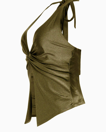 • Fitted olive halter with front slit and body-skimming satin texture
