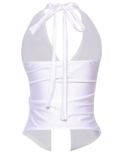 White trendy halter crop with stretch satin finish and side ruching