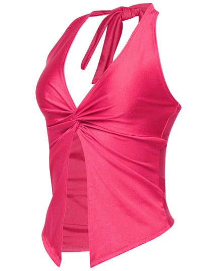Hot pink knotted front top with back neck tie and curve-loving stretch