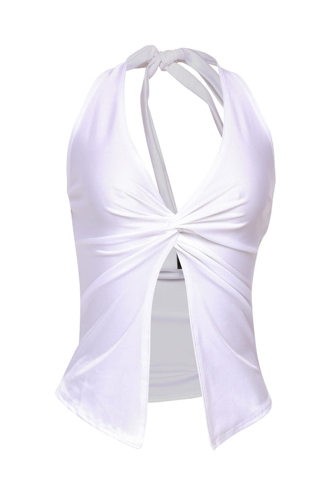 White halter top with front knot detail and split hem, styled for summer nights
