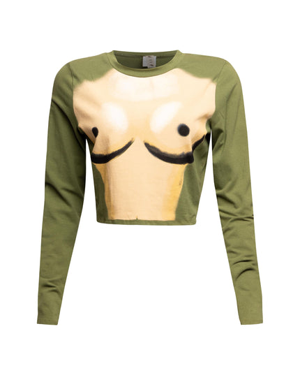 Front view of Bogomore Smiley Cropped Top in beige and olive green with smiley face graphic.