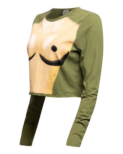 Left side view of Bogomore Smiley Cropped Top showing beige sleeve detail