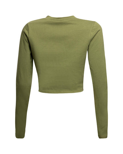 Back view of Bogomore Smiley Cropped Top in olive green.