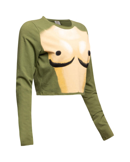Right side view of Bogomore Smiley Cropped Top with olive green sleeve