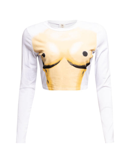 Front view of Bogomore Smiley Cropped Top in beige and olive green with smiley face graphic.
