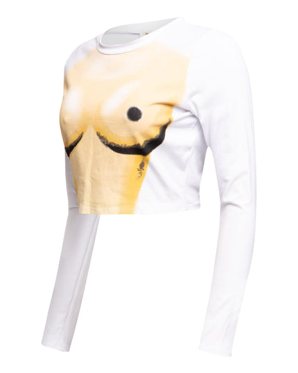 Left side view of Bogomore Smiley Cropped Top showing beige sleeve detail