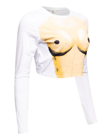 Right side view of Bogomore Smiley Cropped Top with olive green sleeve