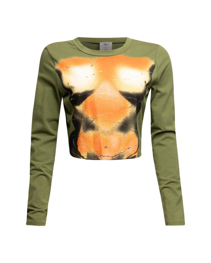 Front view of Bogomore cropped top with orange-black graphic print on olive green fabric