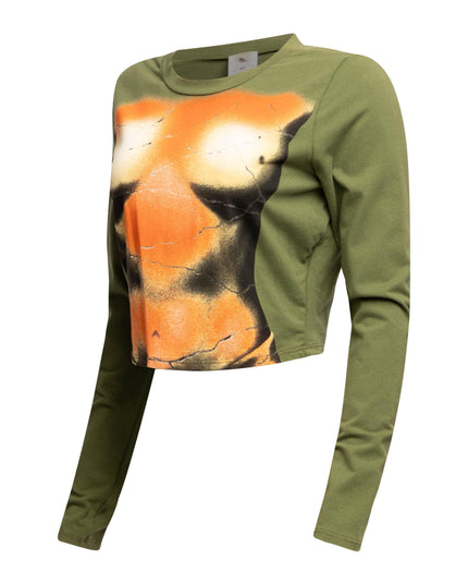 Left side view of Bogomore long-sleeved cropped top highlighting the seamless blend from print to solid color.