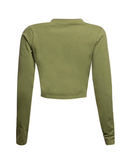 Back view of Bogomore olive green cropped top showcasing its solid color design