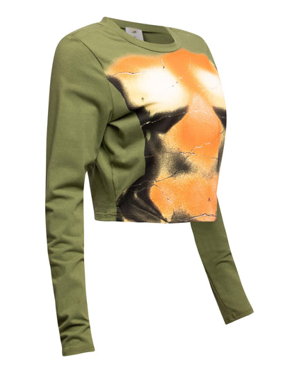 Right side view of Bogomore cropped top emphasizing the artistic graphic detail.