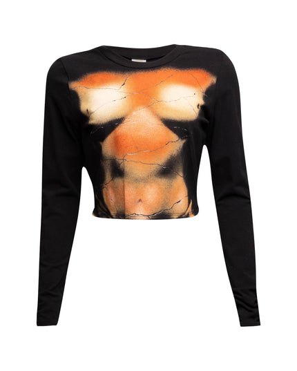 Front view of Bogomore cropped top with orange-black graphic print on olive green fabric