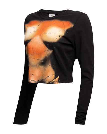 Left side view of Bogomore long-sleeved cropped top highlighting the seamless blend from print to solid color.