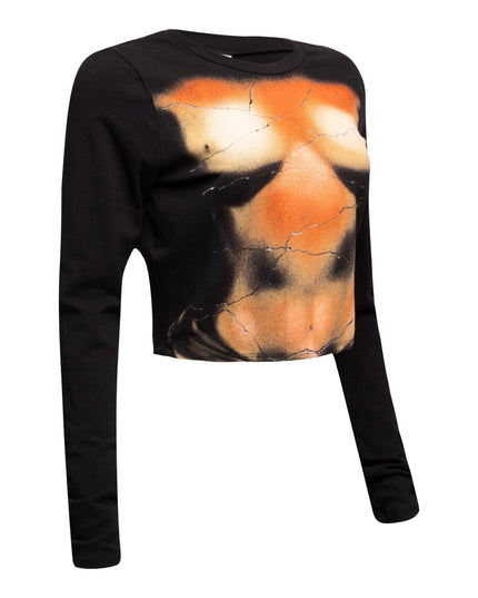 Right side view of Bogomore cropped top emphasizing the artistic graphic detail.