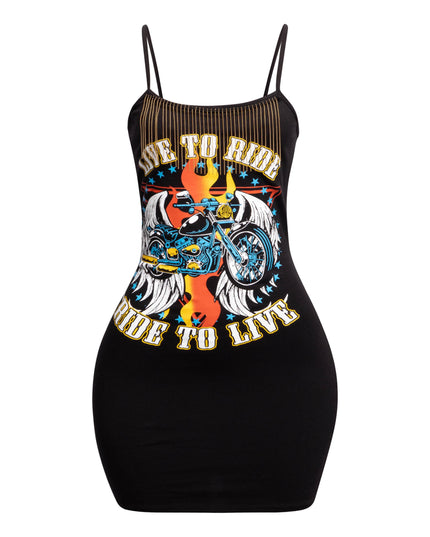 "Live to Ride" Graphic Fringe Trim Dress - Muvin 