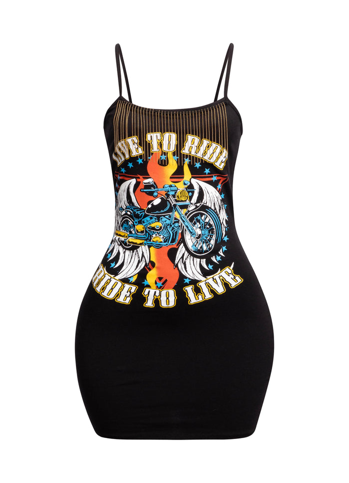 "Live to Ride" Graphic Fringe Trim Dress - Muvin 