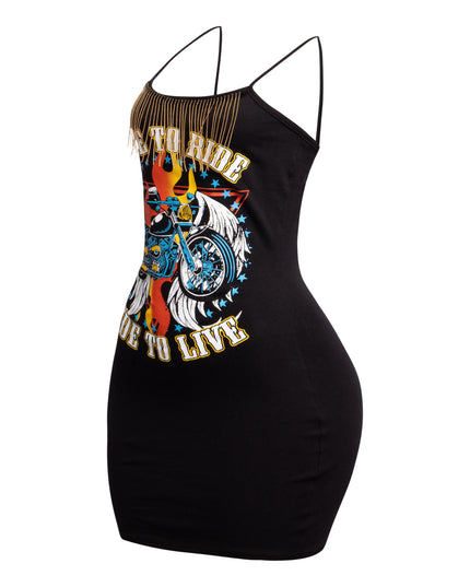 "Live to Ride" Graphic Fringe Trim Dress - Muvin 