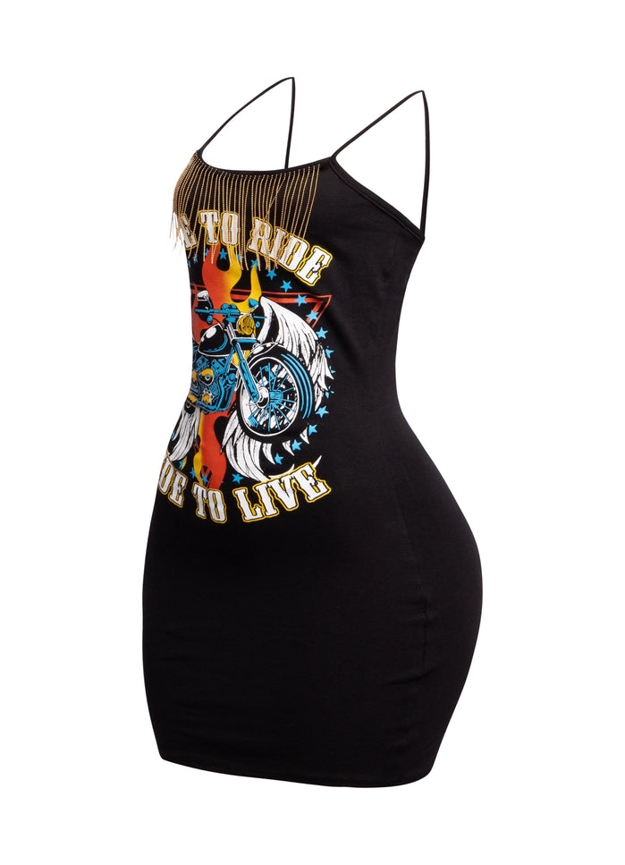 "Live to Ride" Graphic Fringe Trim Dress - Muvin 