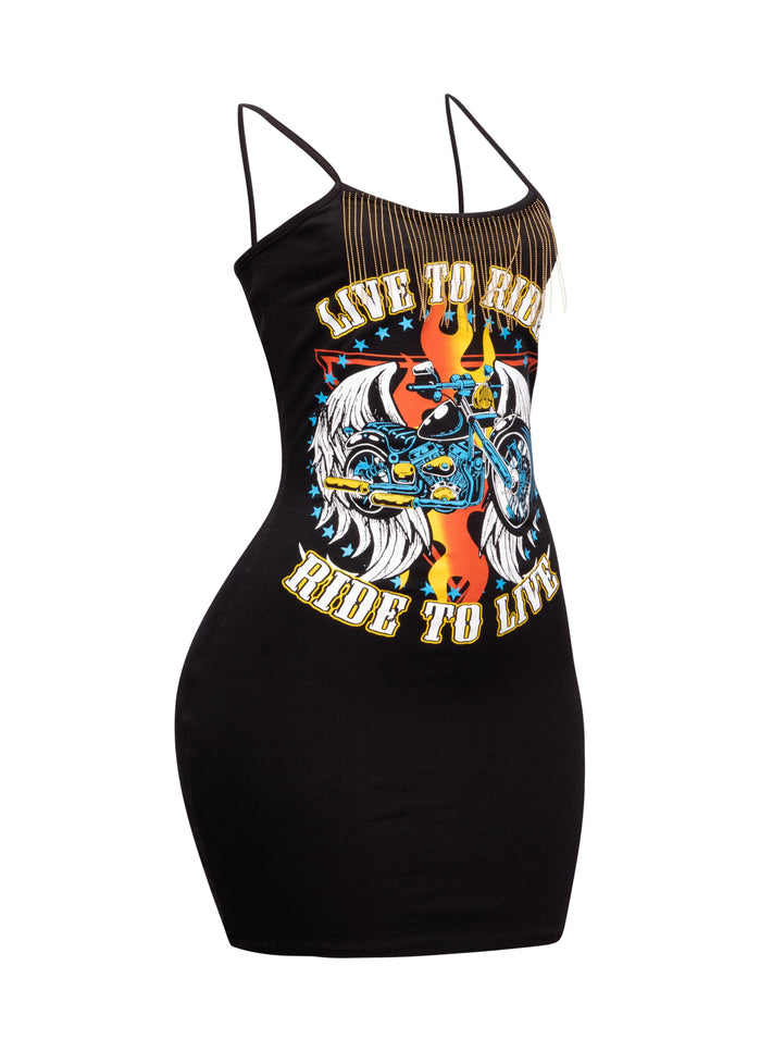 "Live to Ride" Graphic Fringe Trim Dress - Muvin 