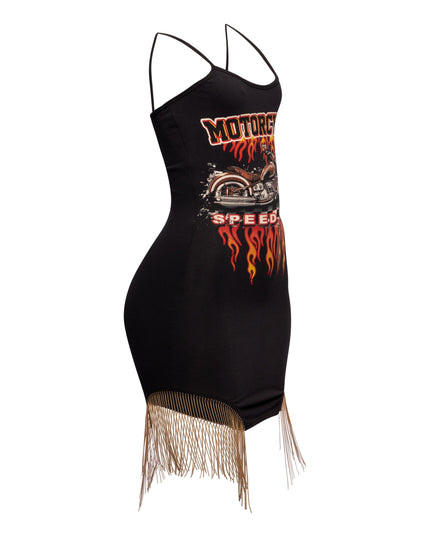 Side view of black ‘Bogomore’ bodysuit highlighting spaghetti straps and side fringe detail.