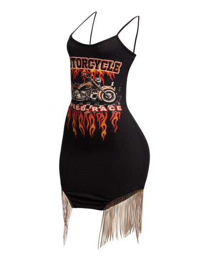 Opposite side view of black ‘Bogomore’ bodysuit displaying graphic print and side cut.