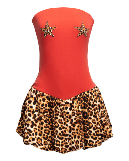 Front view of Bogomore’s Leopard Star Flare Dress featuring red bodice with star embellishments.