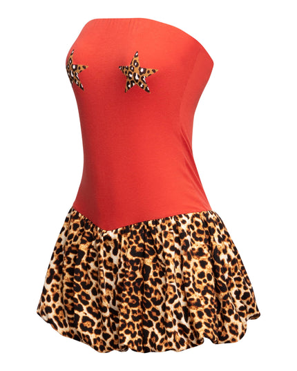  Left side view of Bogomore’s Leopard Star Flare Dress highlighting the side silhouette and flare design.