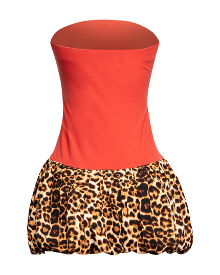 Back view of Bogomore’s Leopard Star Flare Dress showcasing the seamless transition from solid color to leopard print.