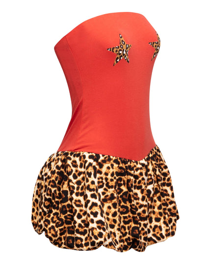 Right side view of Bogomore’s Leopard Star Flare Dress emphasizing the unique combination of solid color top and printed skirt.