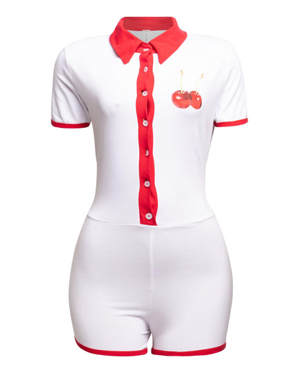 White Bogomore bodysuit with red collar and button details - front view.