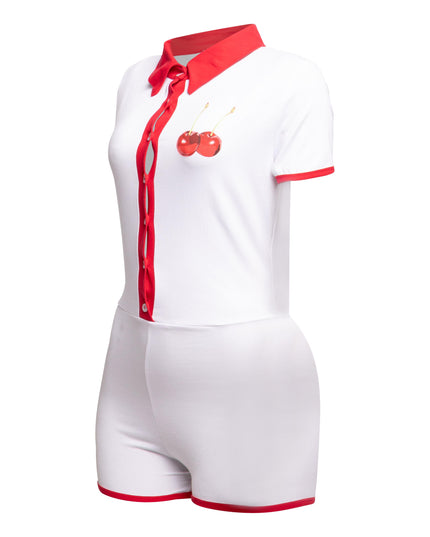 White Bogomore bodysuit with side profile showcasing contrast red collar - left side view.