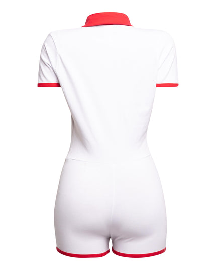 white Bogomore bodysuit with red collar - back view.