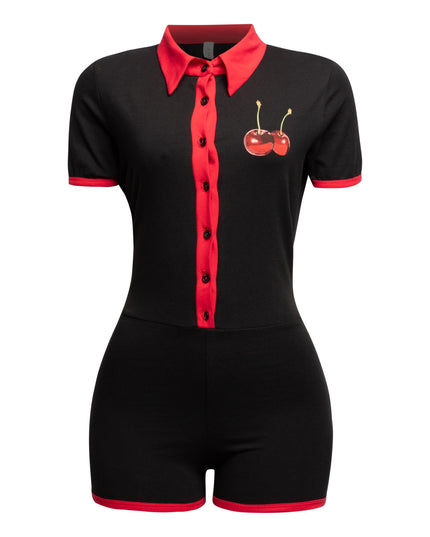 Black Bogomore bodysuit with red collar and button details - front view.
