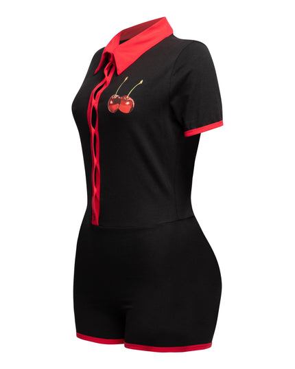 Black Bogomore bodysuit with side profile showcasing contrast red collar - left side view.