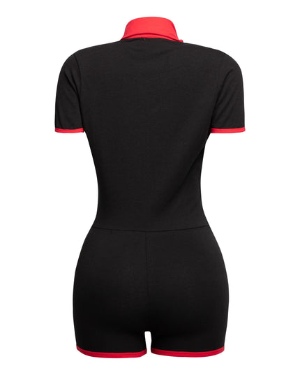 Black Bogomore bodysuit with red collar - back view.