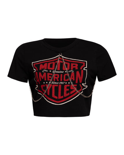 Front view of a black cropped t-shirt with red 'Motor American Cycles' graphic and silver chain trim.