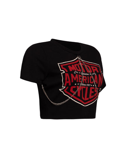 Right side view of black cropped t-shirt with silver chain trim and bold red graphic design.
