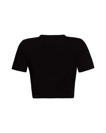 Back view of a plain black cropped t-shirt without graphic or chain embellishments.