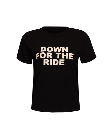 Front view of black 'Down for the Ride' t-shirt with bold white slogan.