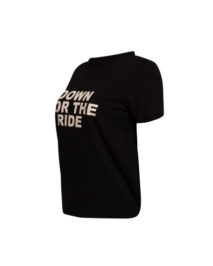 Left side view of black 'Down for the Ride' graphic t-shirt with a relaxed fit."