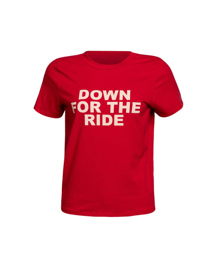 Front view of red 'Down for the Ride' t-shirt with bold white slogan.
