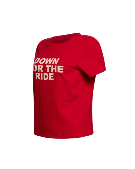 Left side view of red t-shirt with 'Down for the Ride' graphic in white.